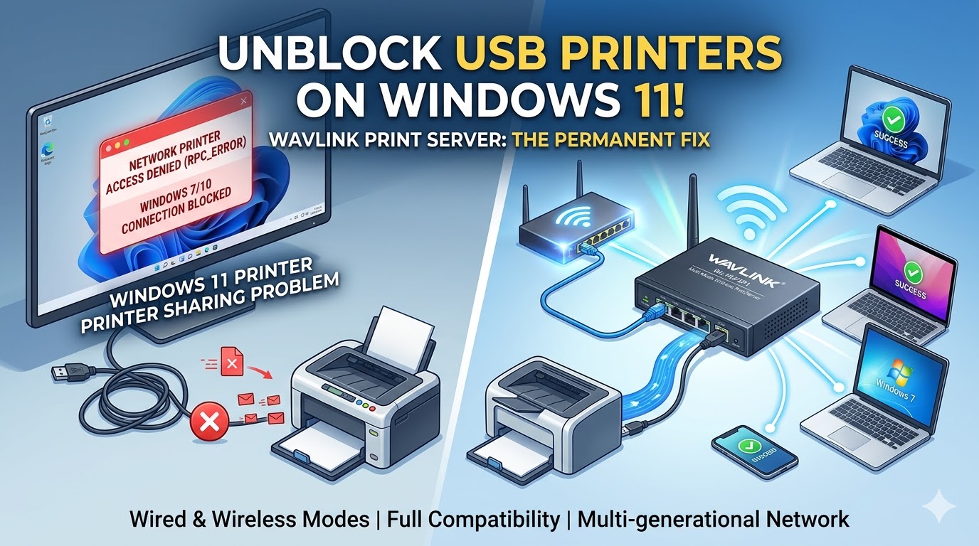 Solution diagram to unblock and fix USB printer sharing on Windows 11 using Wavlink Print Server
