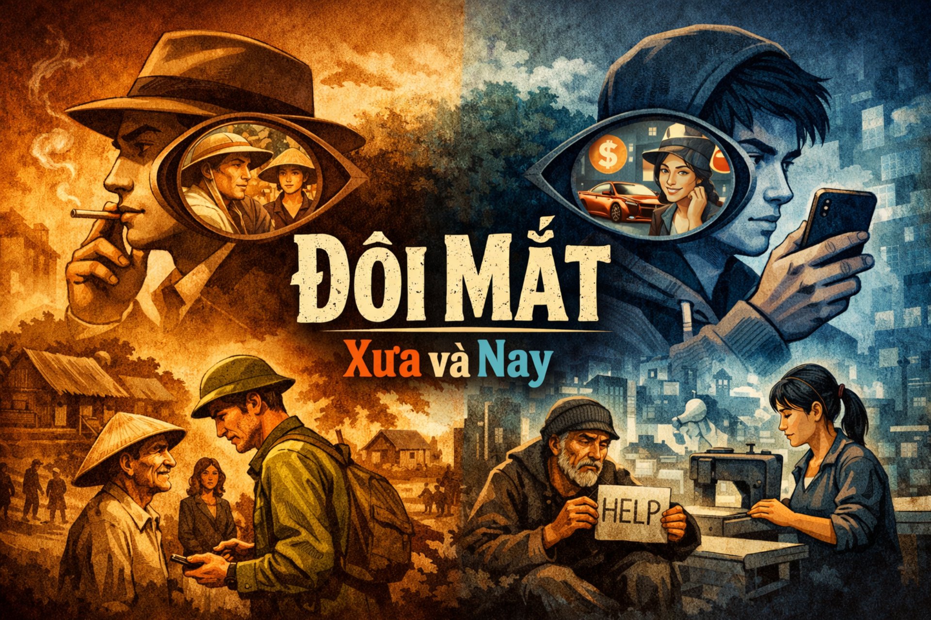 Hình ảnh minh họa so sánh hai cách nhìn đời: định kiến phiến diện và thấu cảm bao dung, liên hệ tác phẩm Đôi mắt của Nam Cao với thời đại số.