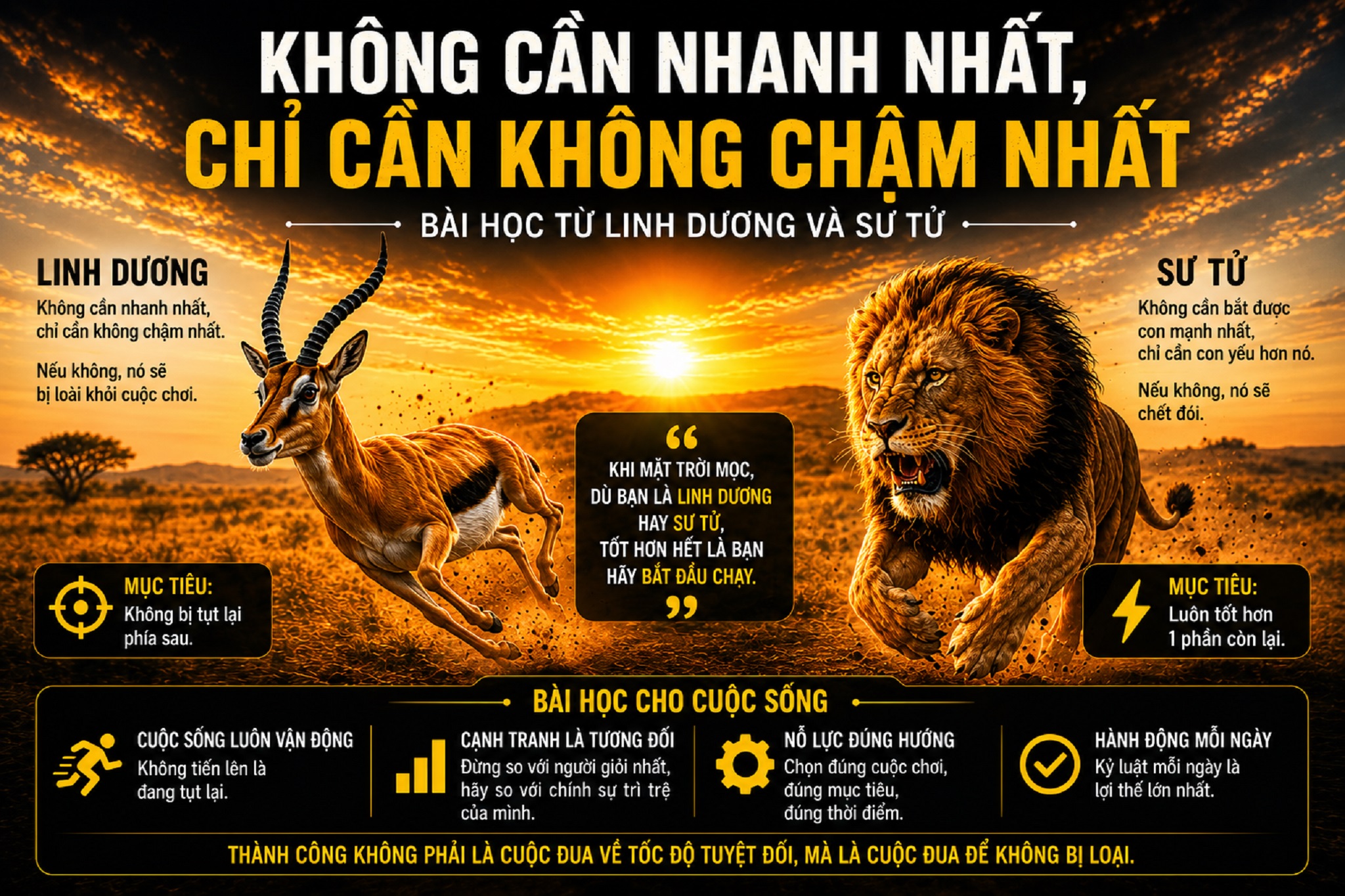 Infographic bài học cuộc sống từ câu chuyện linh dương và sư tử